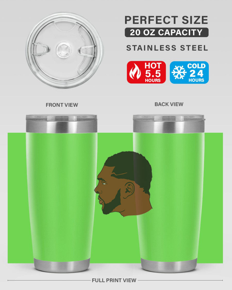 Black man 26# tumbler in 20oz and 30oz sizes, showcasing double wall vacuum stainless steel design with a drink-thru lid.