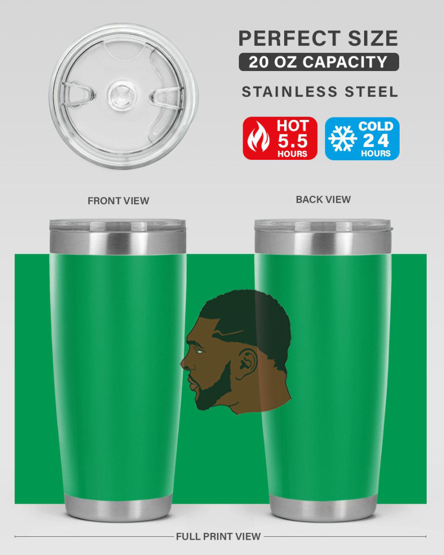 Black man 26# tumbler in 20oz and 30oz sizes, showcasing double wall vacuum stainless steel design with a drink-thru lid.