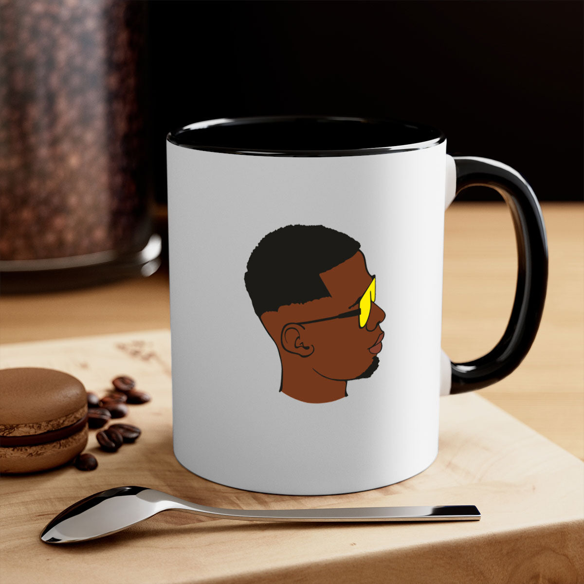 Black man 27# Mug featuring a glossy finish with a colored handle and interior, available in multiple colors and sizes.