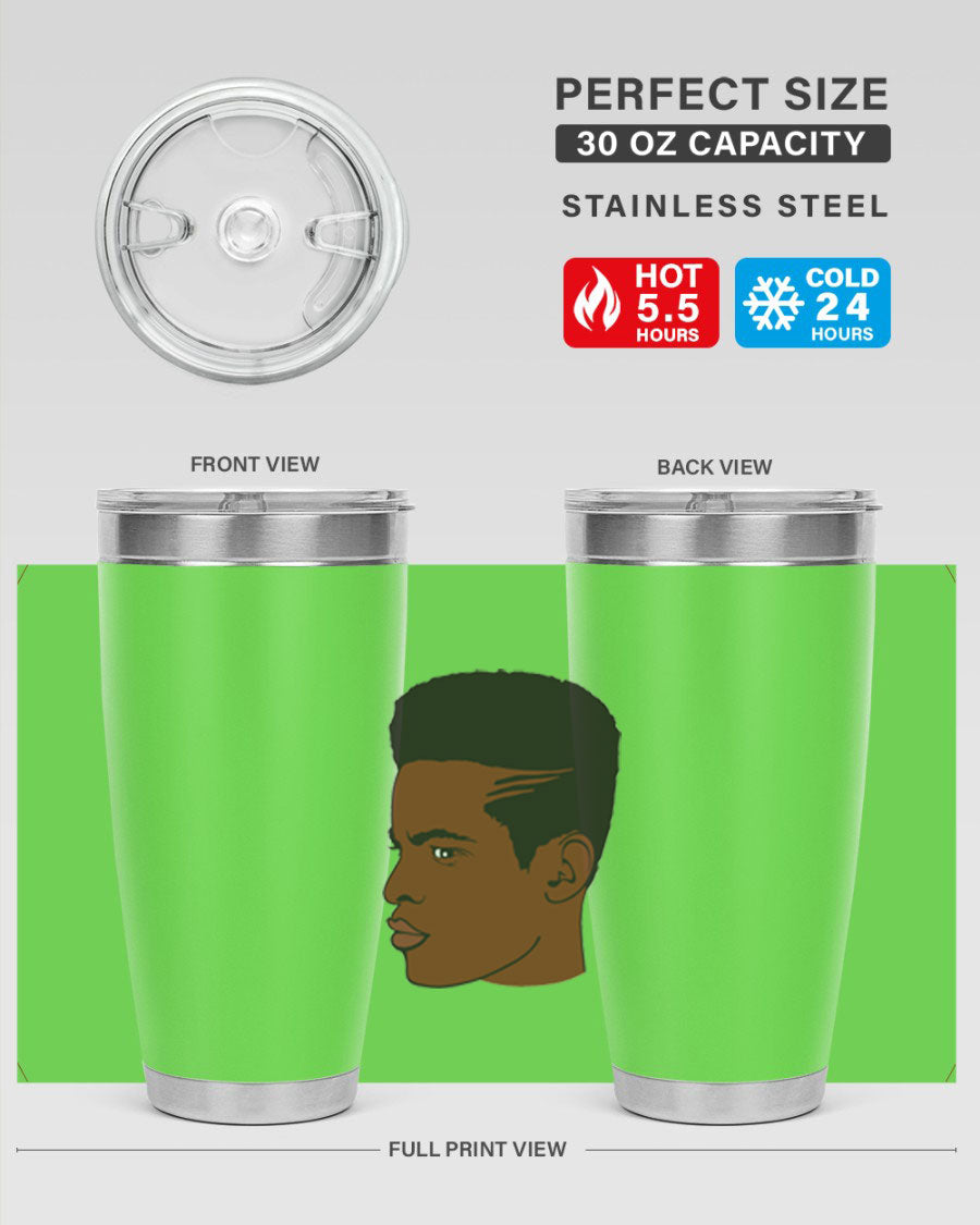 Black man 28# tumbler in 20oz and 30oz sizes, showcasing double wall vacuum stainless steel design with a drink-thru lid.