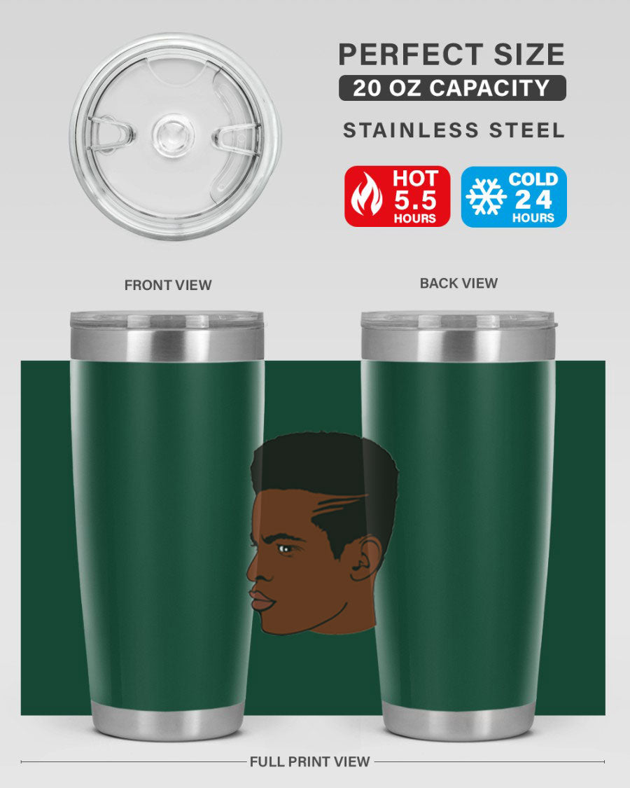 Black man 28# tumbler in 20oz and 30oz sizes, showcasing double wall vacuum stainless steel design with a drink-thru lid.