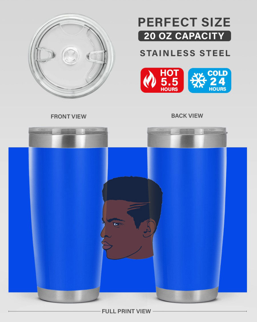 Black man 28# tumbler in 20oz and 30oz sizes, showcasing double wall vacuum stainless steel design with a drink-thru lid.