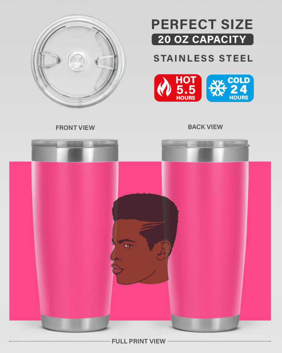 Black man 28# tumbler in 20oz and 30oz sizes, showcasing double wall vacuum stainless steel design with a drink-thru lid.