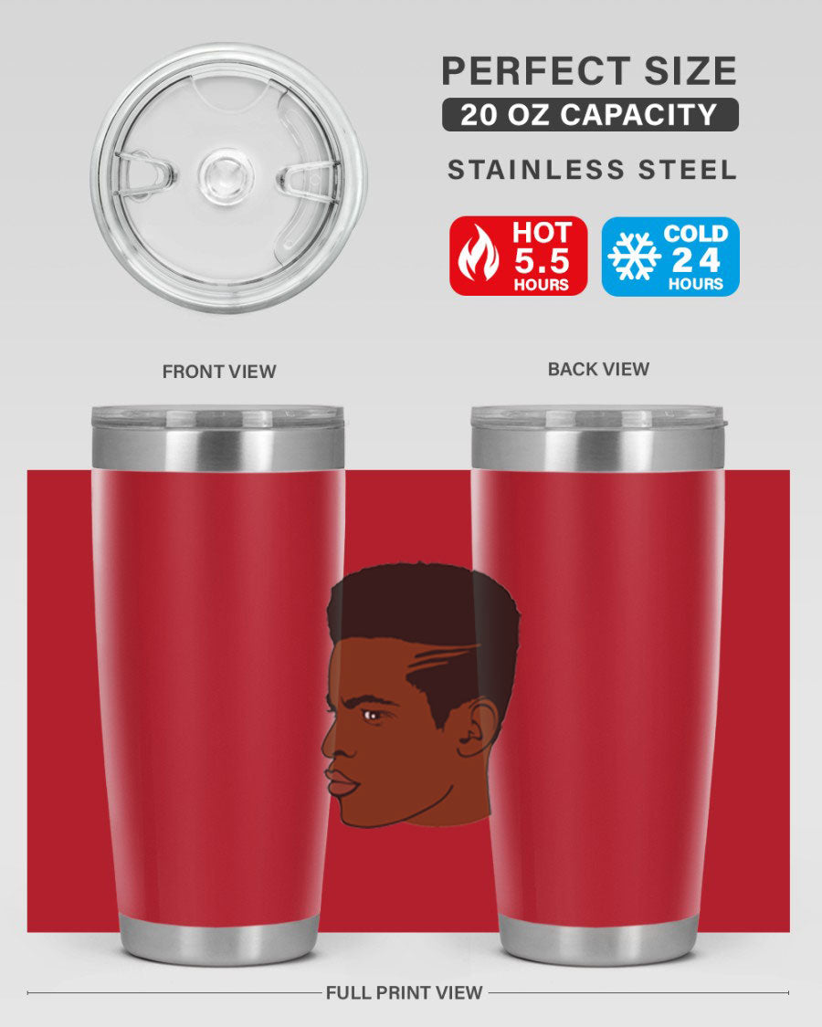 Black man 28# tumbler in 20oz and 30oz sizes, showcasing double wall vacuum stainless steel design with a drink-thru lid.