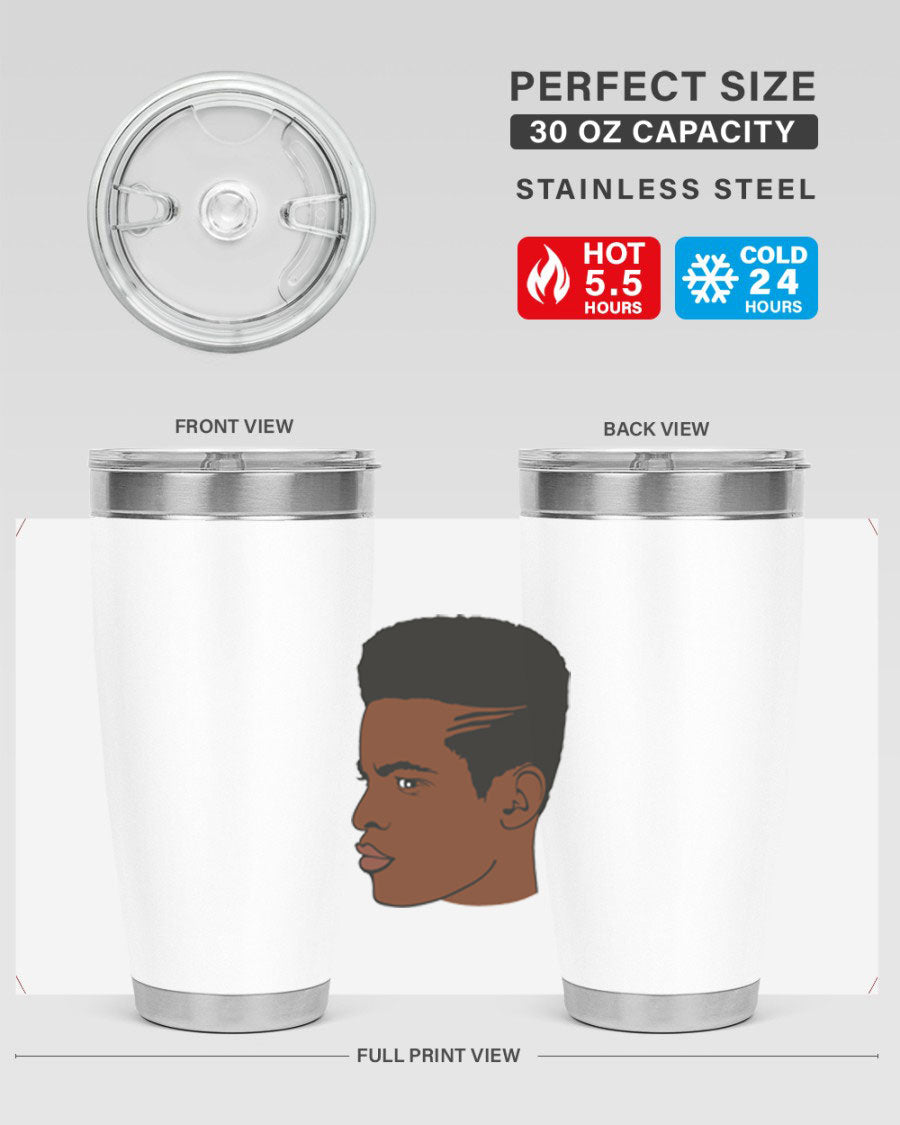 Black man 28# tumbler in 20oz and 30oz sizes, showcasing double wall vacuum stainless steel design with a drink-thru lid.