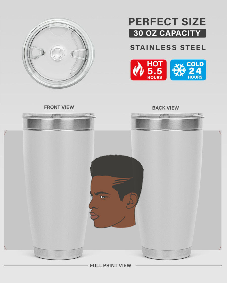 Black man 28# tumbler in 20oz and 30oz sizes, showcasing double wall vacuum stainless steel design with a drink-thru lid.