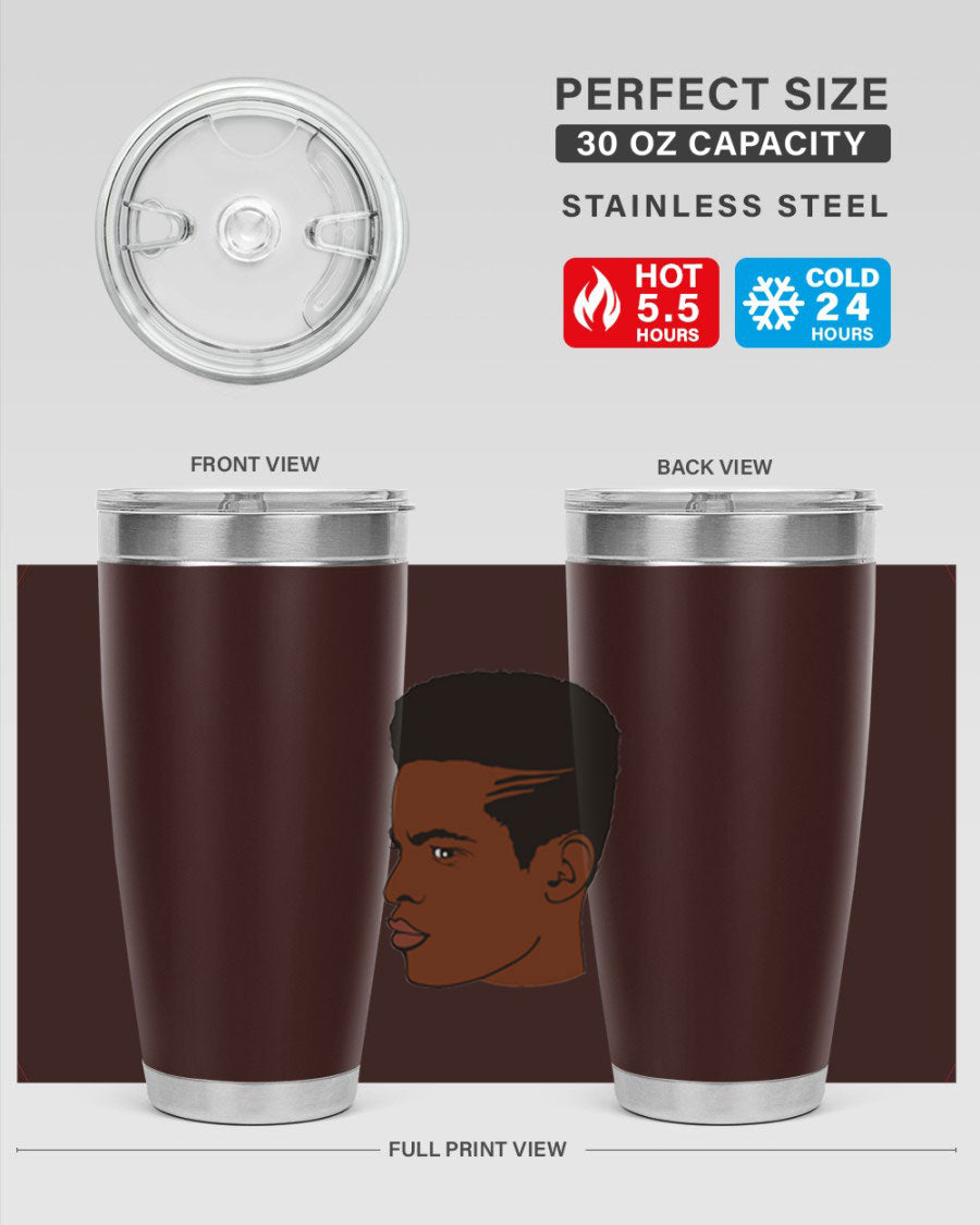 Black man 28# tumbler in 20oz and 30oz sizes, showcasing double wall vacuum stainless steel design with a drink-thru lid.