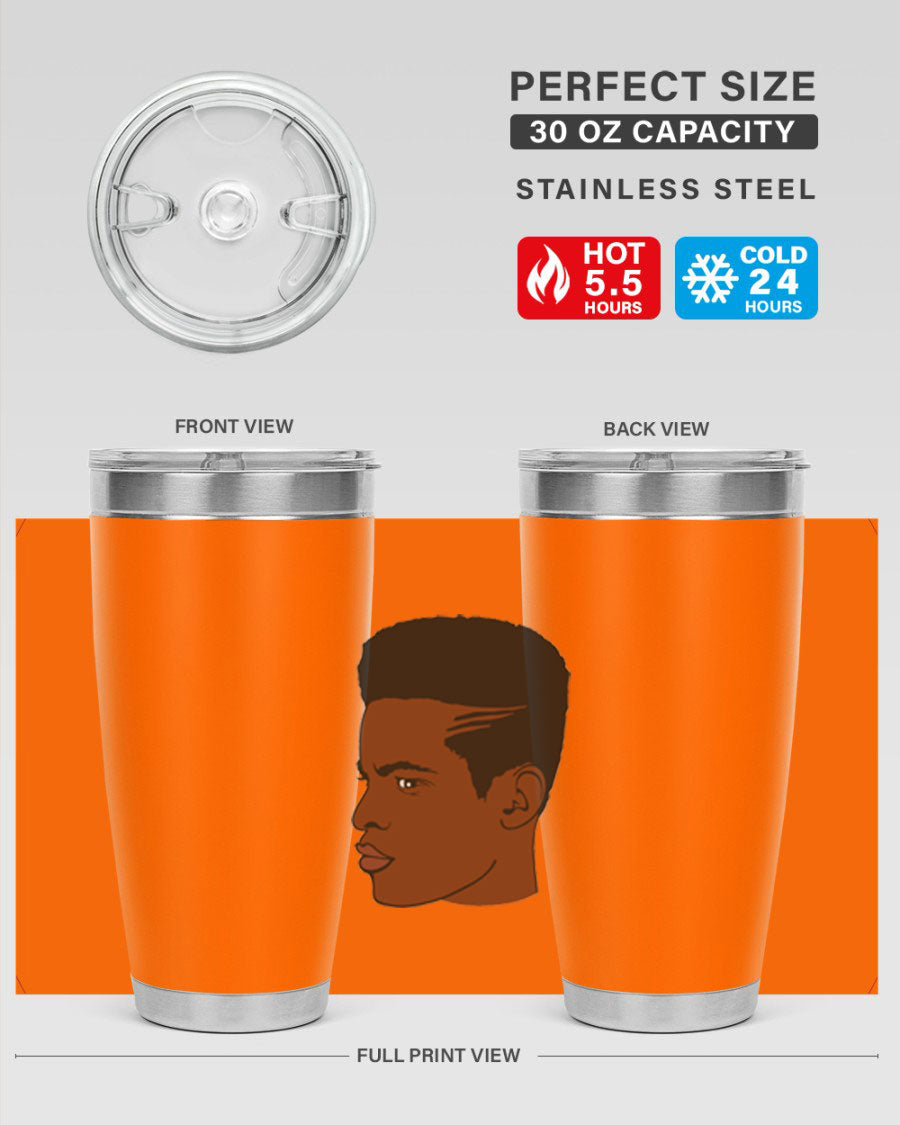 Black man 28# tumbler in 20oz and 30oz sizes, showcasing double wall vacuum stainless steel design with a drink-thru lid.