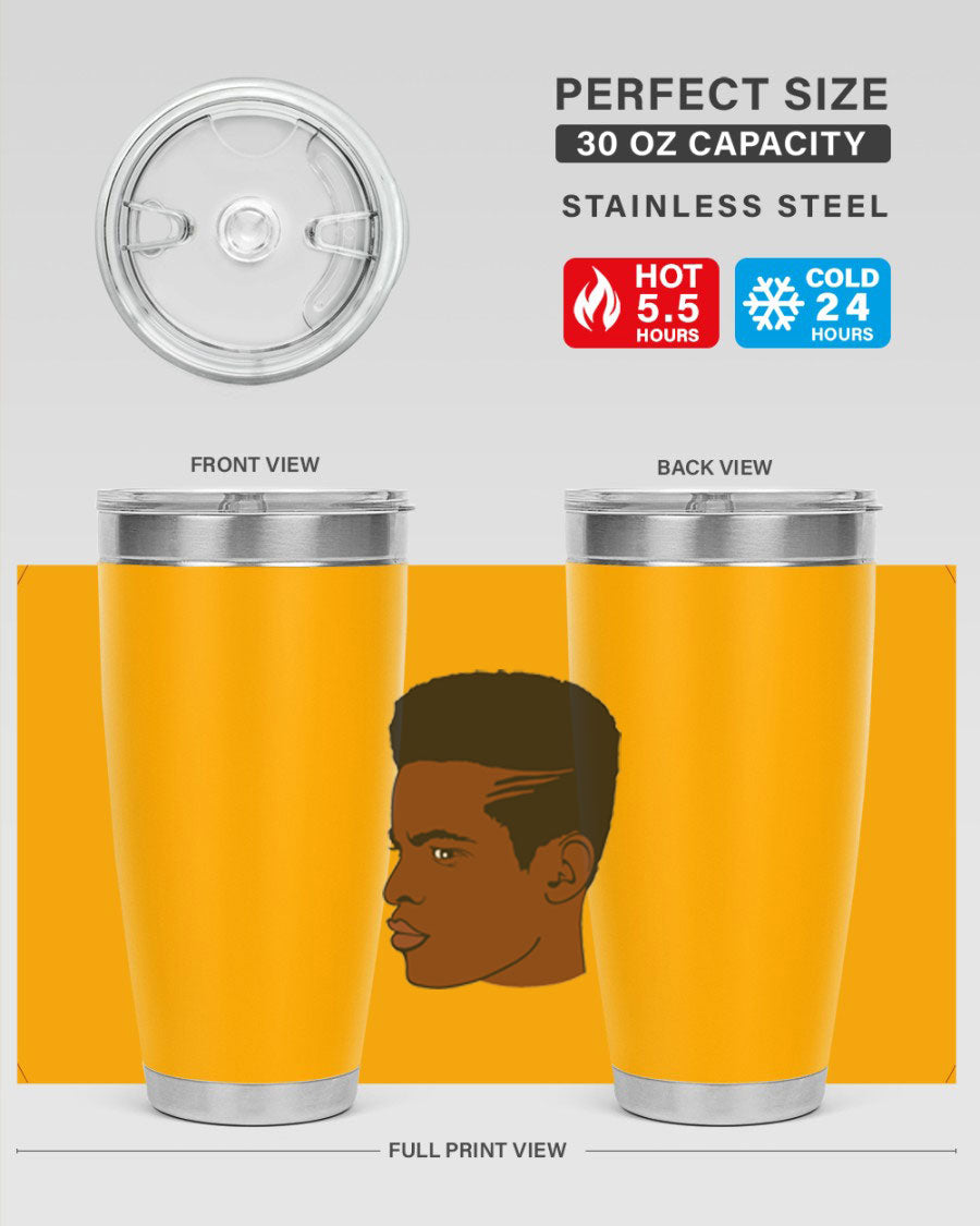 Black man 28# tumbler in 20oz and 30oz sizes, showcasing double wall vacuum stainless steel design with a drink-thru lid.