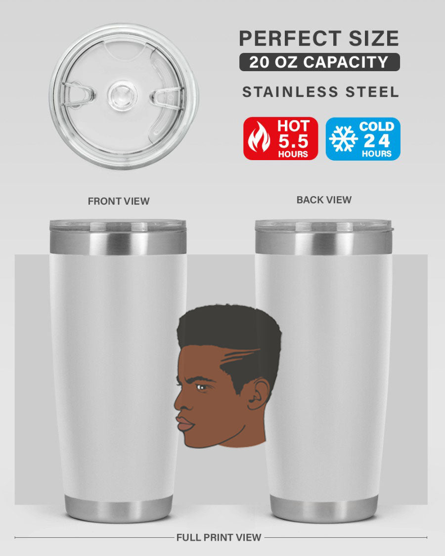 Black man 28# tumbler in 20oz and 30oz sizes, showcasing double wall vacuum stainless steel design with a drink-thru lid.