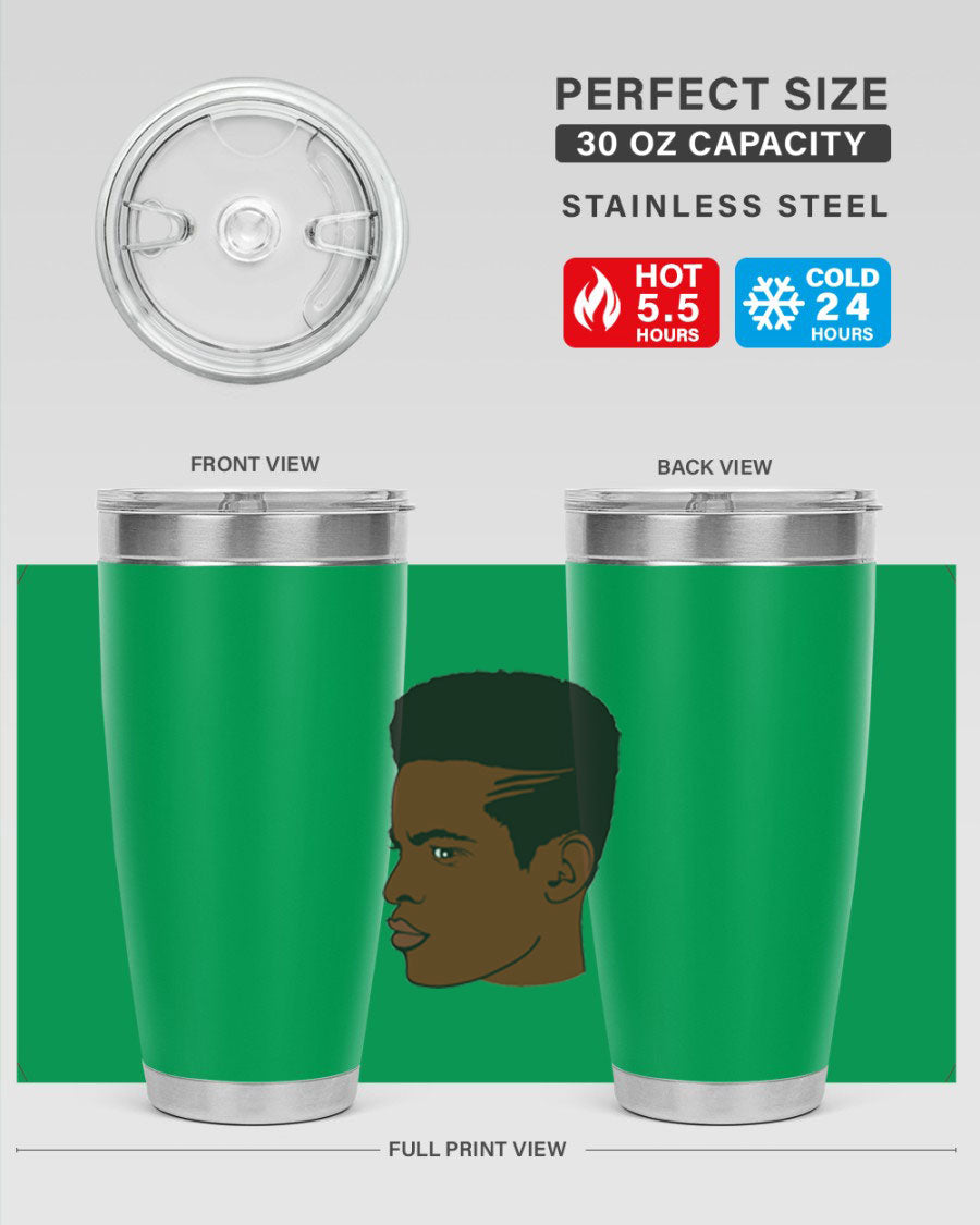 Black man 28# tumbler in 20oz and 30oz sizes, showcasing double wall vacuum stainless steel design with a drink-thru lid.