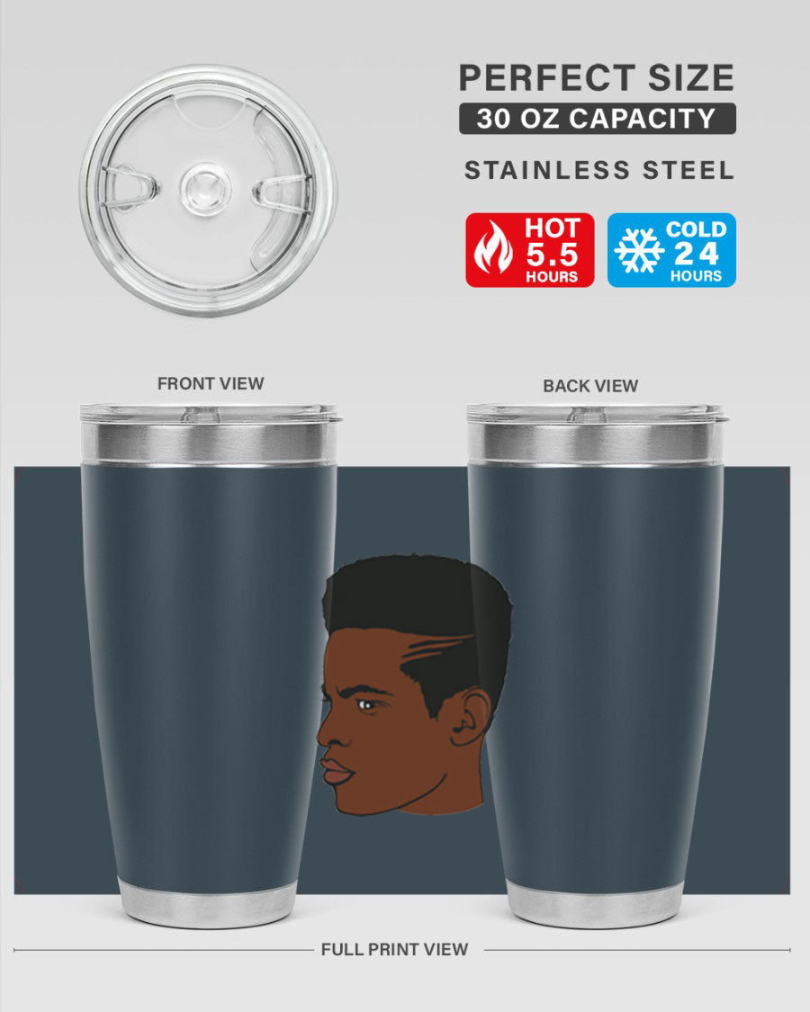 Black man 28# tumbler in 20oz and 30oz sizes, showcasing double wall vacuum stainless steel design with a drink-thru lid.