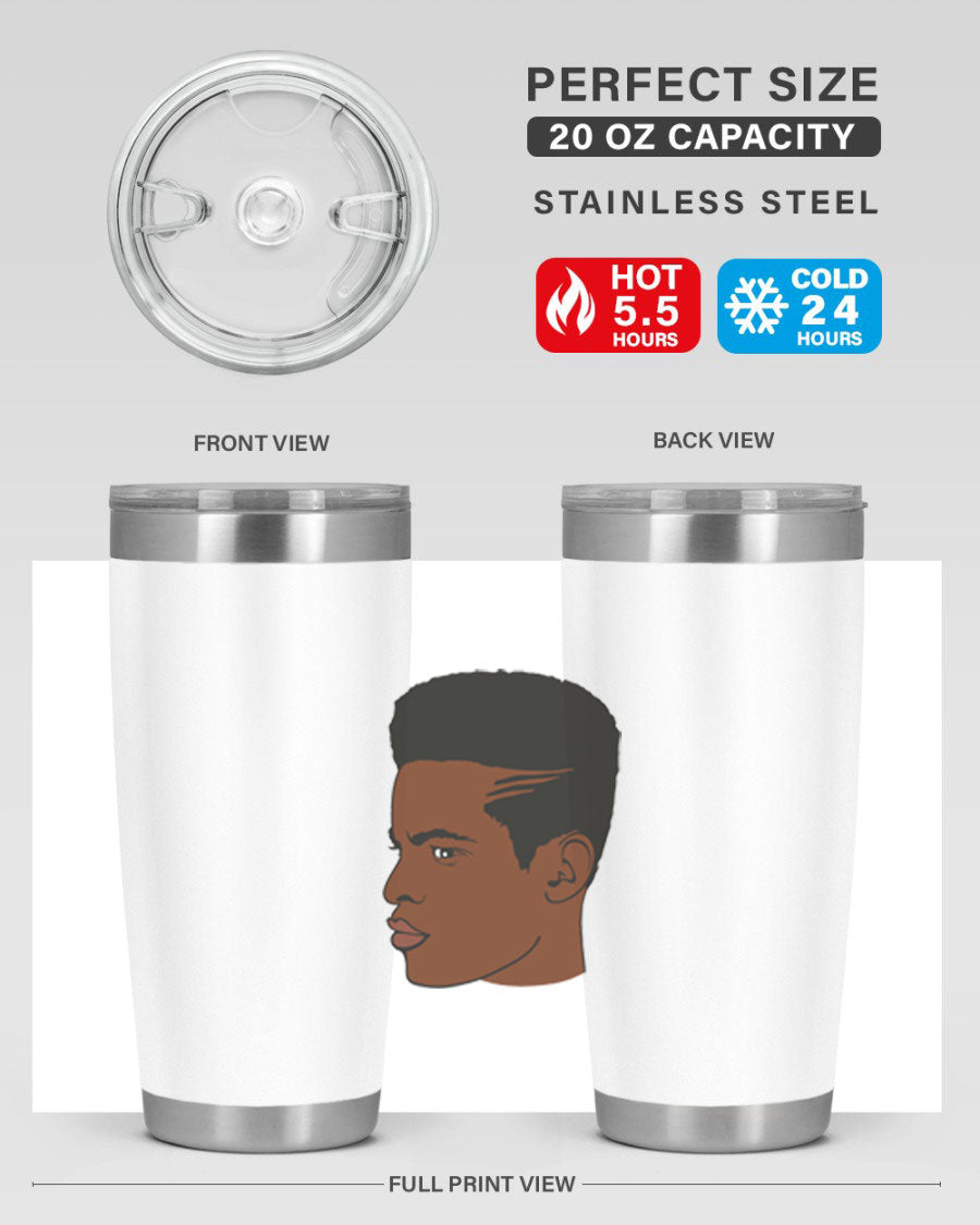 Black man 28# tumbler in 20oz and 30oz sizes, showcasing double wall vacuum stainless steel design with a drink-thru lid.