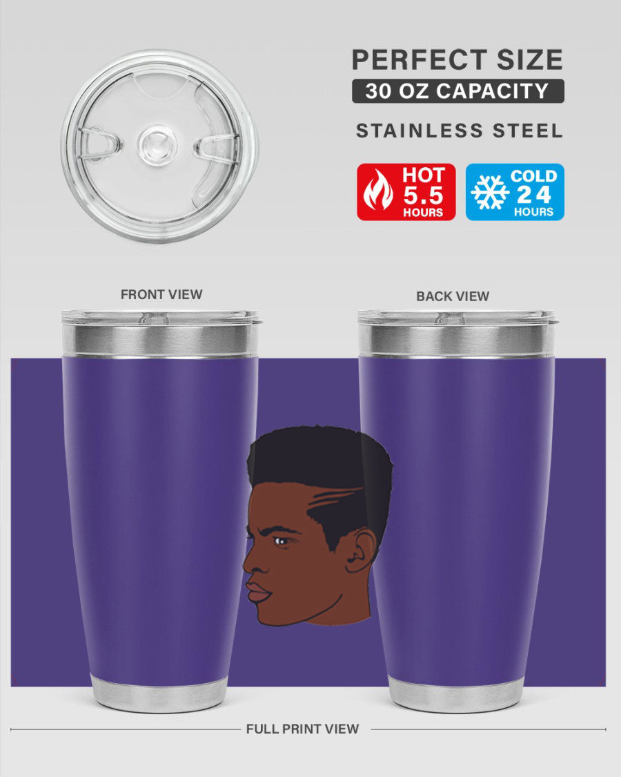 Black man 28# tumbler in 20oz and 30oz sizes, showcasing double wall vacuum stainless steel design with a drink-thru lid.