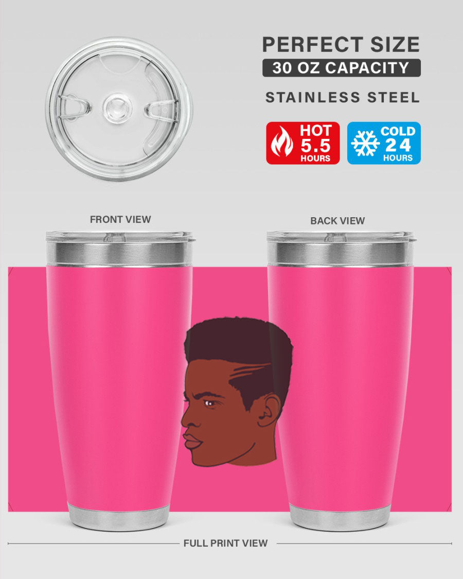 Black man 28# tumbler in 20oz and 30oz sizes, showcasing double wall vacuum stainless steel design with a drink-thru lid.