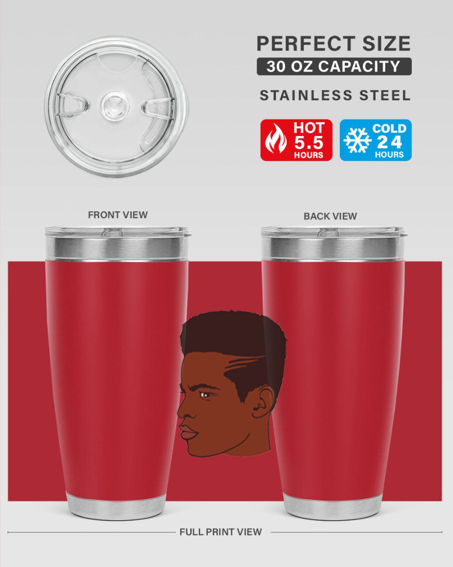 Black man 28# tumbler in 20oz and 30oz sizes, showcasing double wall vacuum stainless steel design with a drink-thru lid.