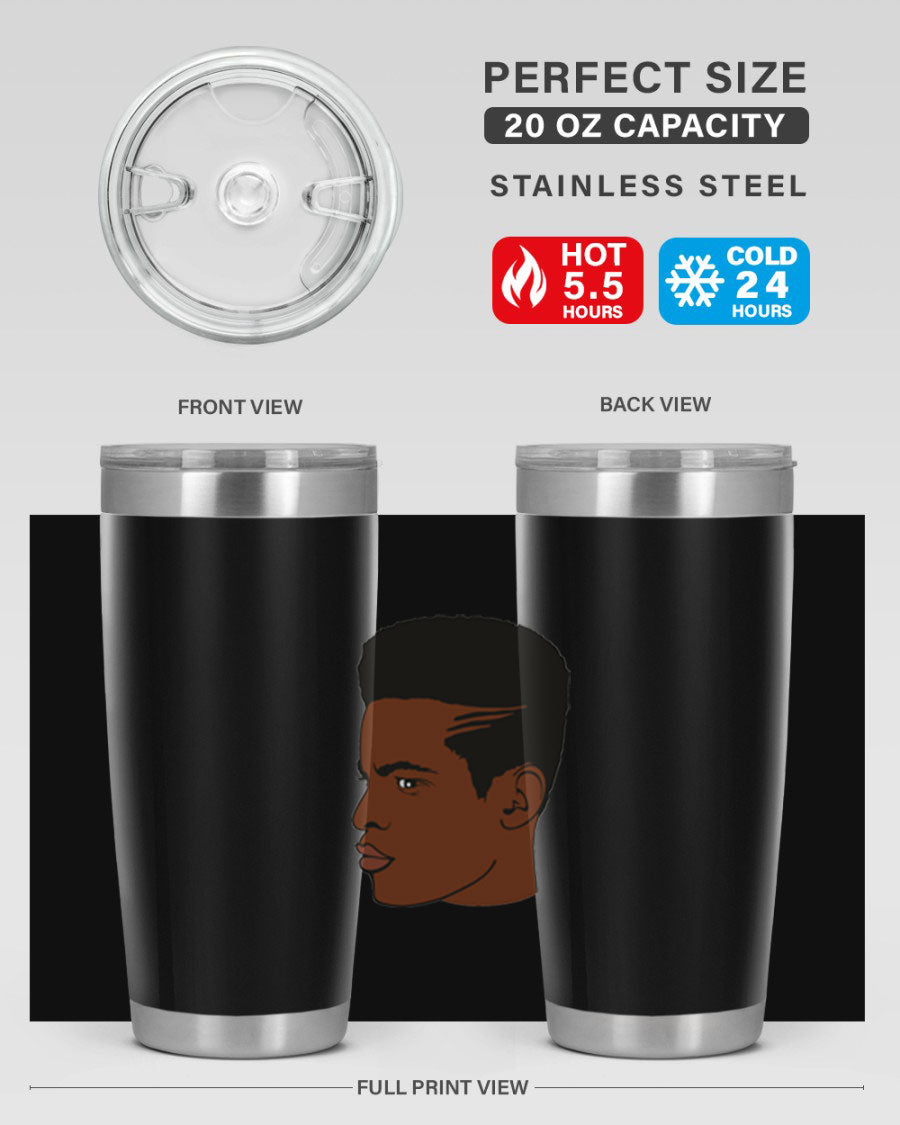 Black man 28# tumbler in 20oz and 30oz sizes, showcasing double wall vacuum stainless steel design with a drink-thru lid.