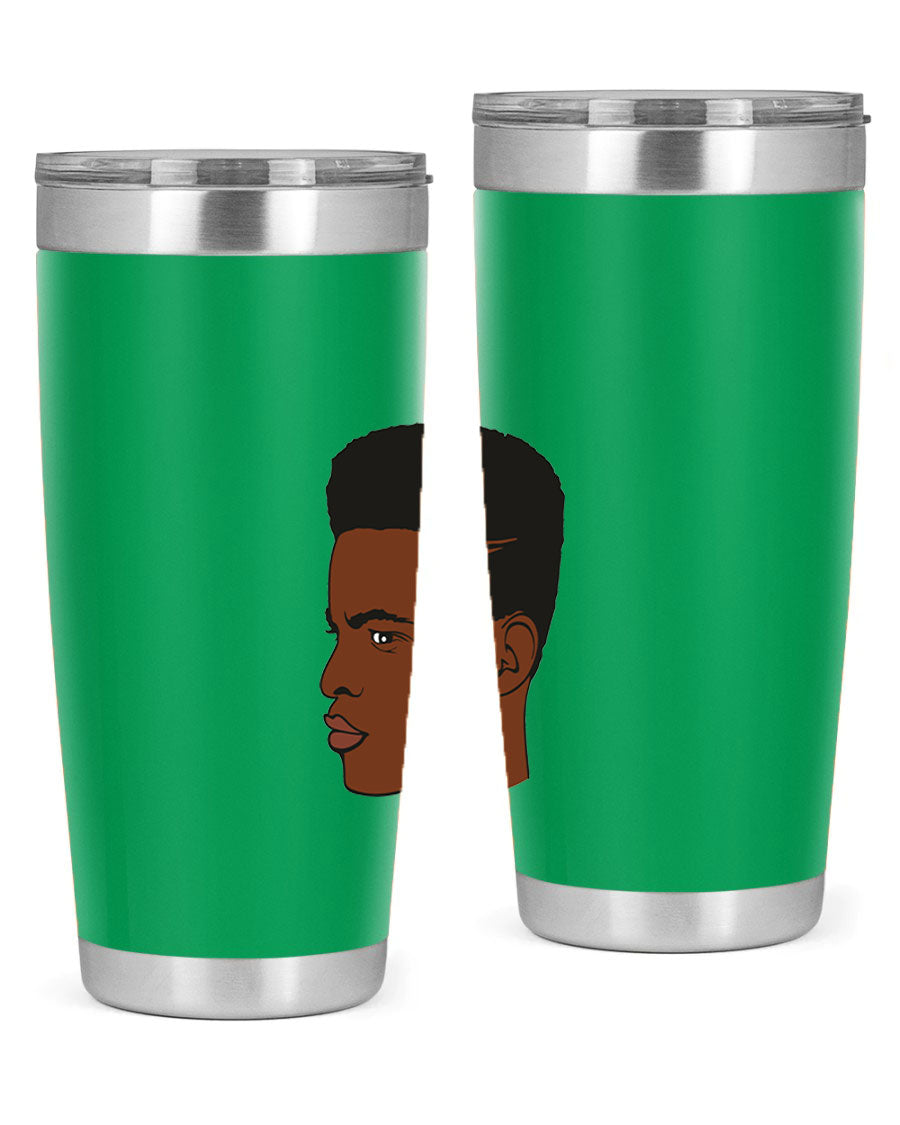 Black man 28# tumbler in 20oz and 30oz sizes, showcasing double wall vacuum stainless steel design with a drink-thru lid.