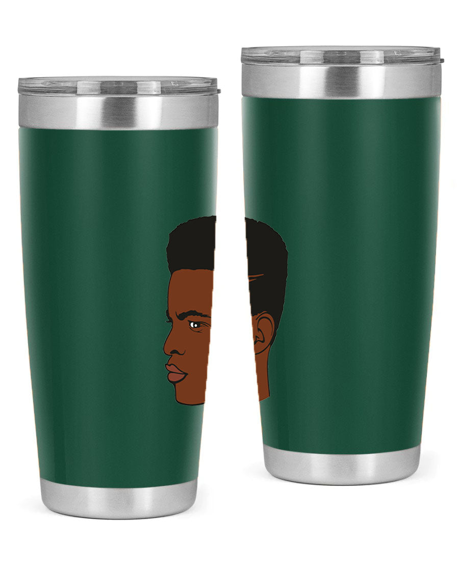 Black man 28# tumbler in 20oz and 30oz sizes, showcasing double wall vacuum stainless steel design with a drink-thru lid.