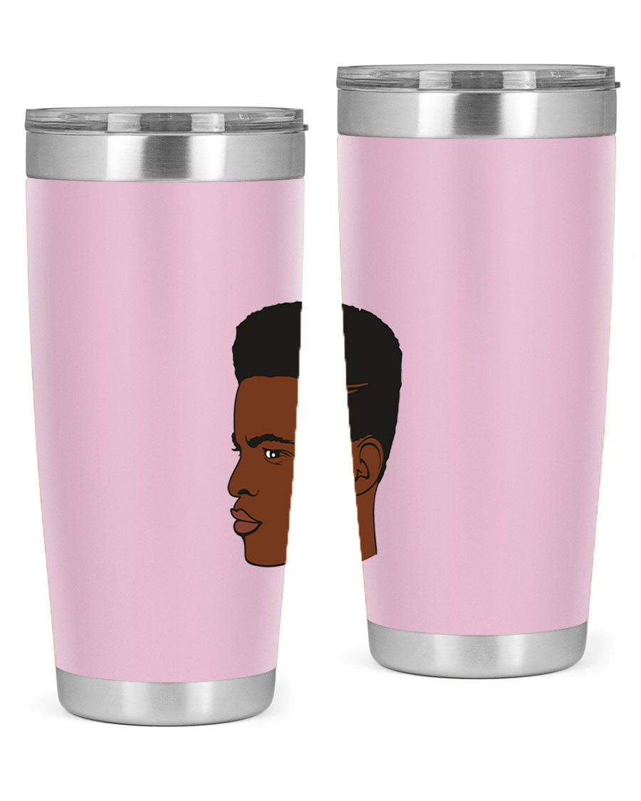 Black man 28# tumbler in 20oz and 30oz sizes, showcasing double wall vacuum stainless steel design with a drink-thru lid.