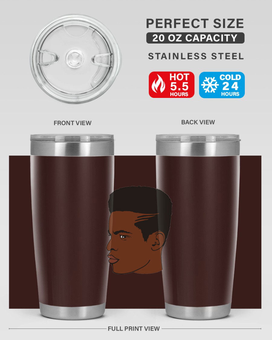 Black man 28# tumbler in 20oz and 30oz sizes, showcasing double wall vacuum stainless steel design with a drink-thru lid.