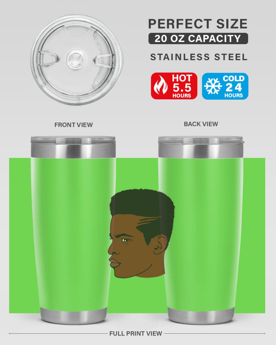 Black man 28# tumbler in 20oz and 30oz sizes, showcasing double wall vacuum stainless steel design with a drink-thru lid.