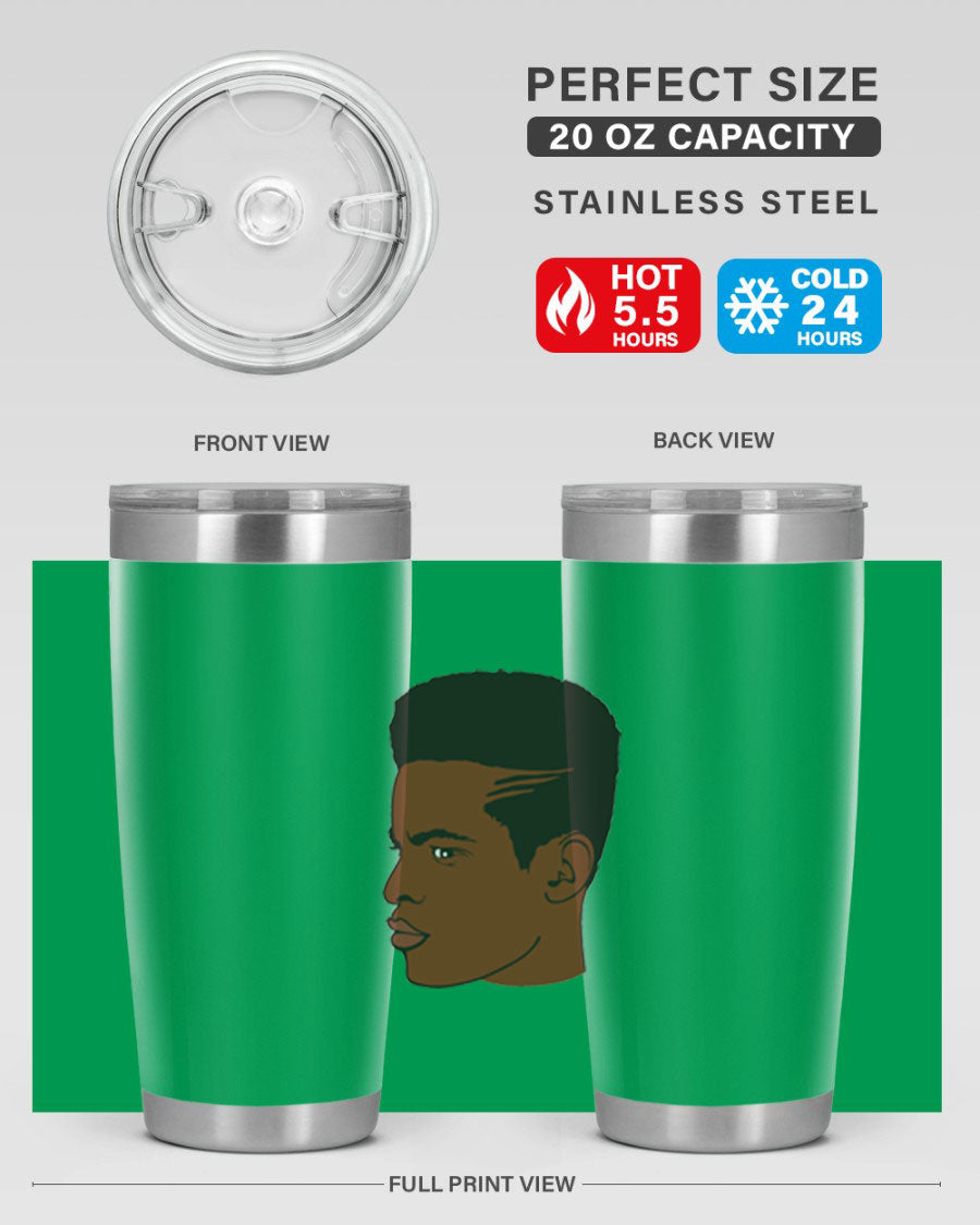 Black man 28# tumbler in 20oz and 30oz sizes, showcasing double wall vacuum stainless steel design with a drink-thru lid.