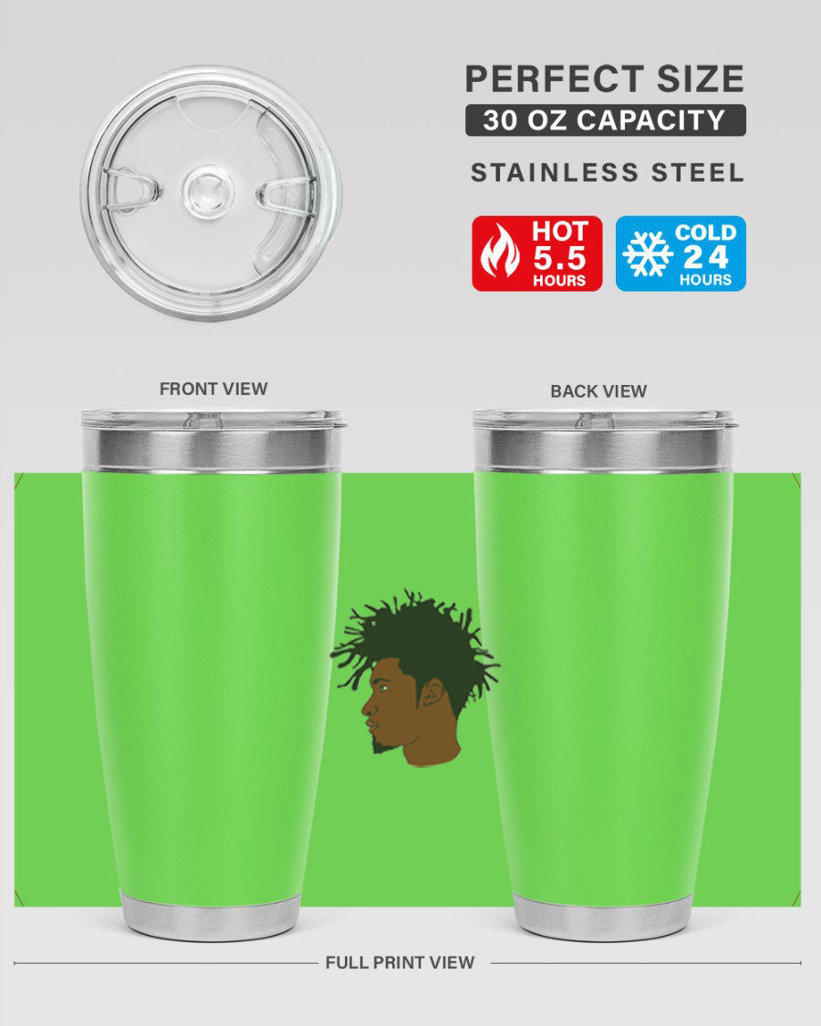 Black man 29# tumbler in 20oz and 30oz sizes, showcasing double wall vacuum stainless steel design with a drink-thru lid.