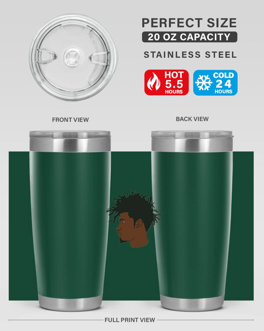 Black man 29# tumbler in 20oz and 30oz sizes, showcasing double wall vacuum stainless steel design with a drink-thru lid.