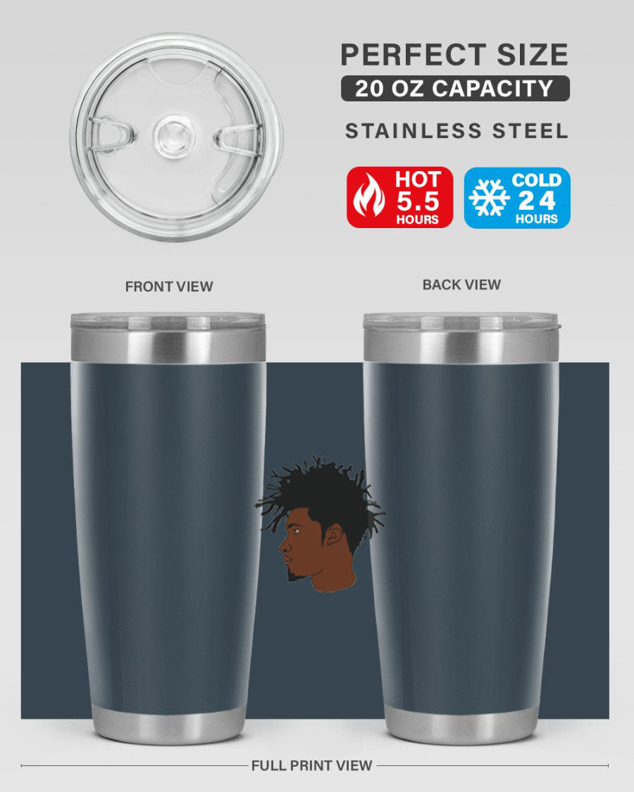 Black man 29# tumbler in 20oz and 30oz sizes, showcasing double wall vacuum stainless steel design with a drink-thru lid.