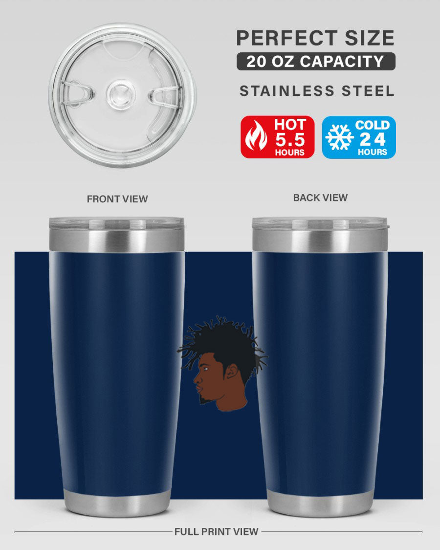 Black man 29# tumbler in 20oz and 30oz sizes, showcasing double wall vacuum stainless steel design with a drink-thru lid.