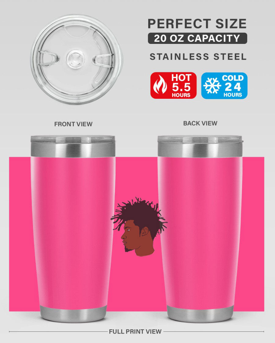 Black man 29# tumbler in 20oz and 30oz sizes, showcasing double wall vacuum stainless steel design with a drink-thru lid.