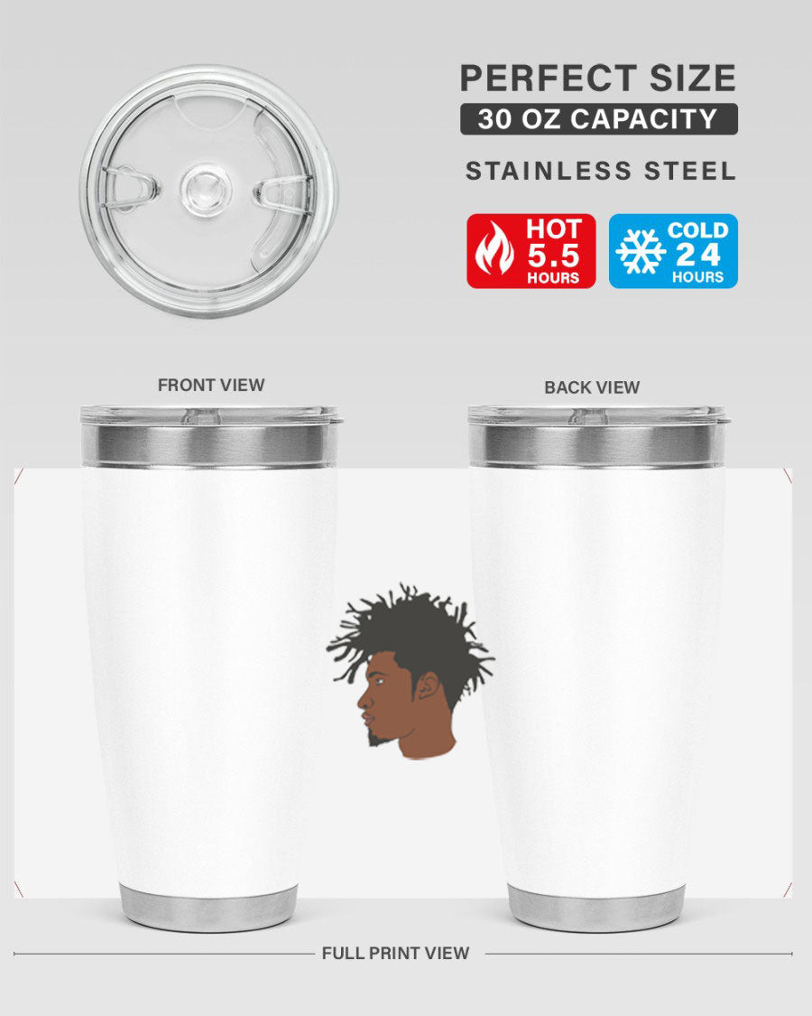 Black man 29# tumbler in 20oz and 30oz sizes, showcasing double wall vacuum stainless steel design with a drink-thru lid.