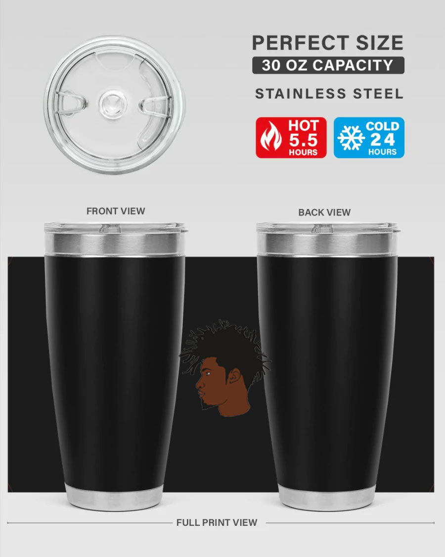 Black man 29# tumbler in 20oz and 30oz sizes, showcasing double wall vacuum stainless steel design with a drink-thru lid.