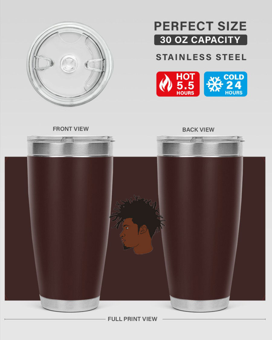 Black man 29# tumbler in 20oz and 30oz sizes, showcasing double wall vacuum stainless steel design with a drink-thru lid.