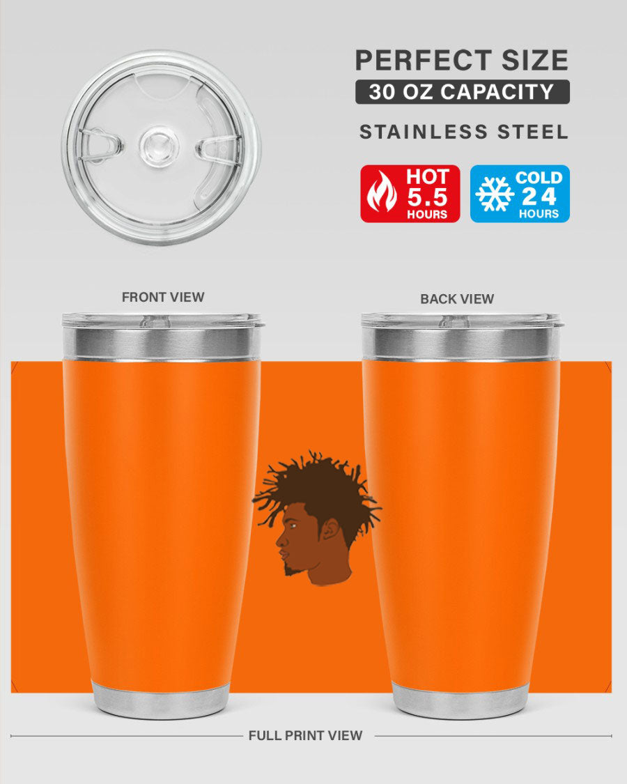 Black man 29# tumbler in 20oz and 30oz sizes, showcasing double wall vacuum stainless steel design with a drink-thru lid.