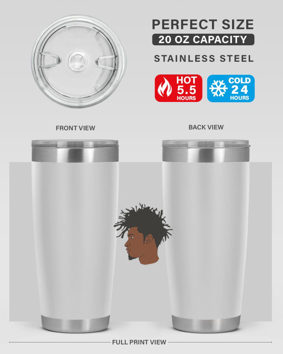 Black man 29# tumbler in 20oz and 30oz sizes, showcasing double wall vacuum stainless steel design with a drink-thru lid.