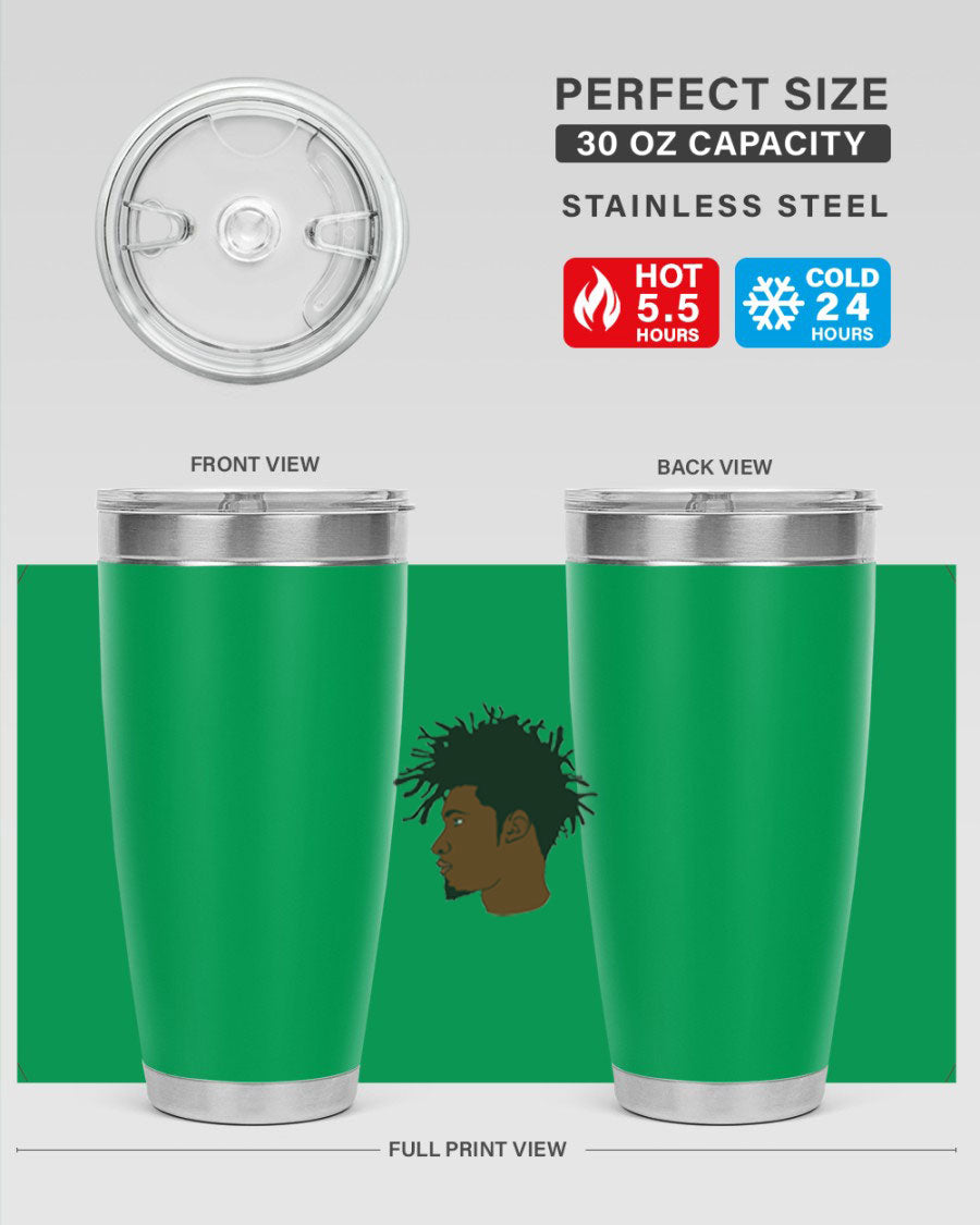 Black man 29# tumbler in 20oz and 30oz sizes, showcasing double wall vacuum stainless steel design with a drink-thru lid.