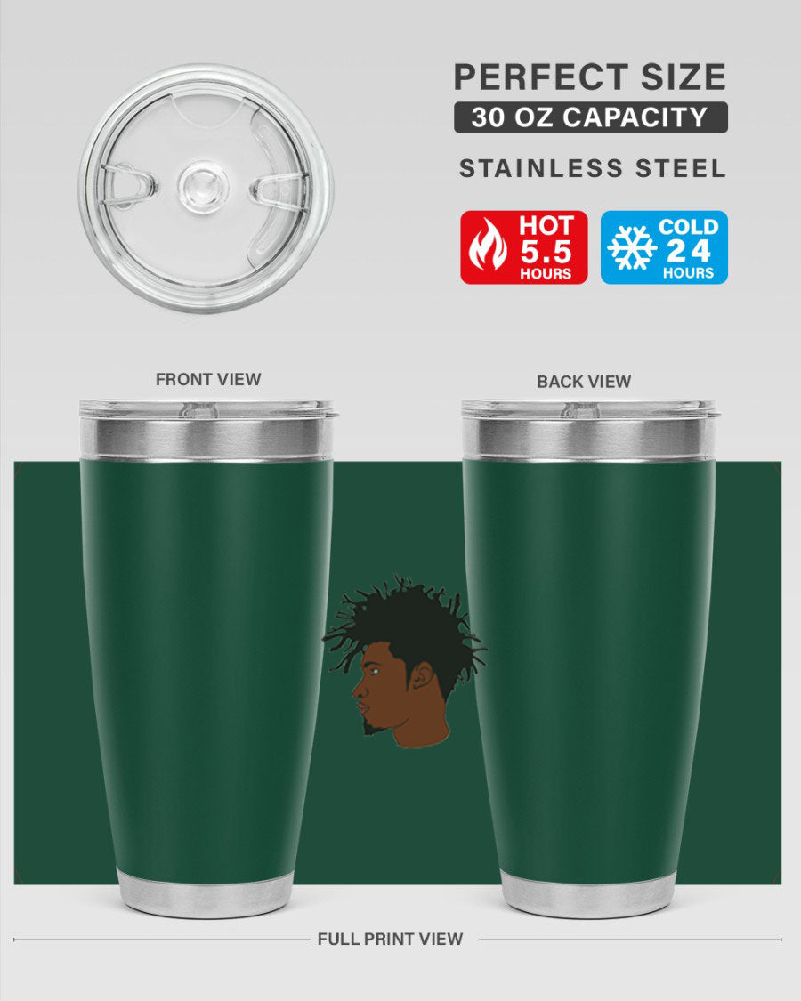 Black man 29# tumbler in 20oz and 30oz sizes, showcasing double wall vacuum stainless steel design with a drink-thru lid.