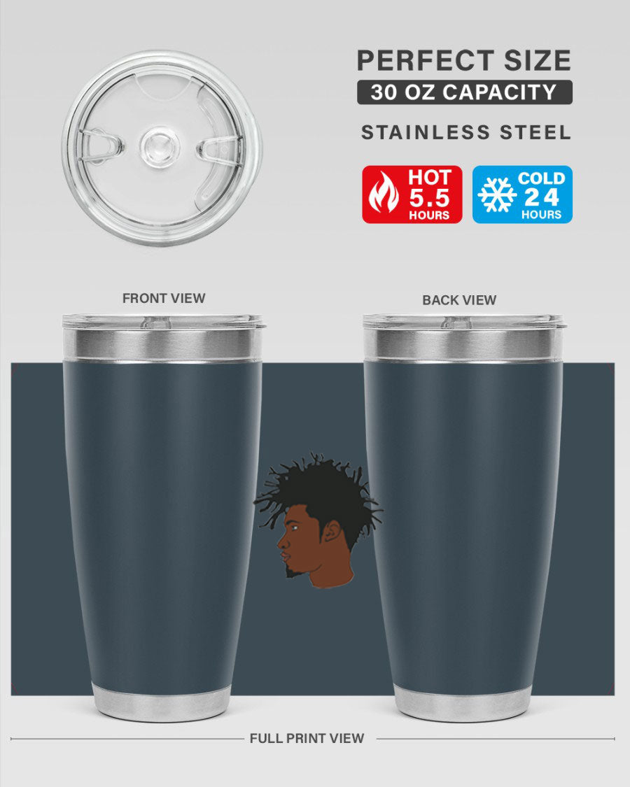 Black man 29# tumbler in 20oz and 30oz sizes, showcasing double wall vacuum stainless steel design with a drink-thru lid.