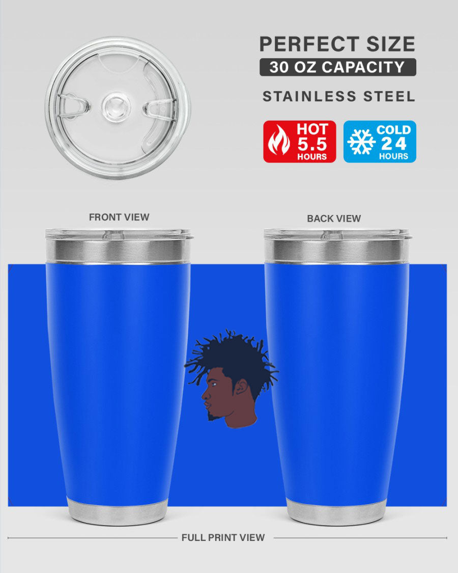 Black man 29# tumbler in 20oz and 30oz sizes, showcasing double wall vacuum stainless steel design with a drink-thru lid.