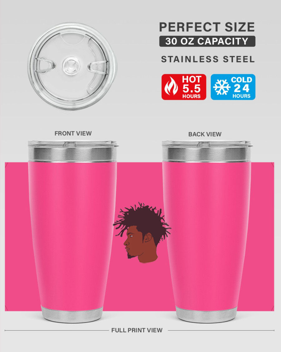 Black man 29# tumbler in 20oz and 30oz sizes, showcasing double wall vacuum stainless steel design with a drink-thru lid.