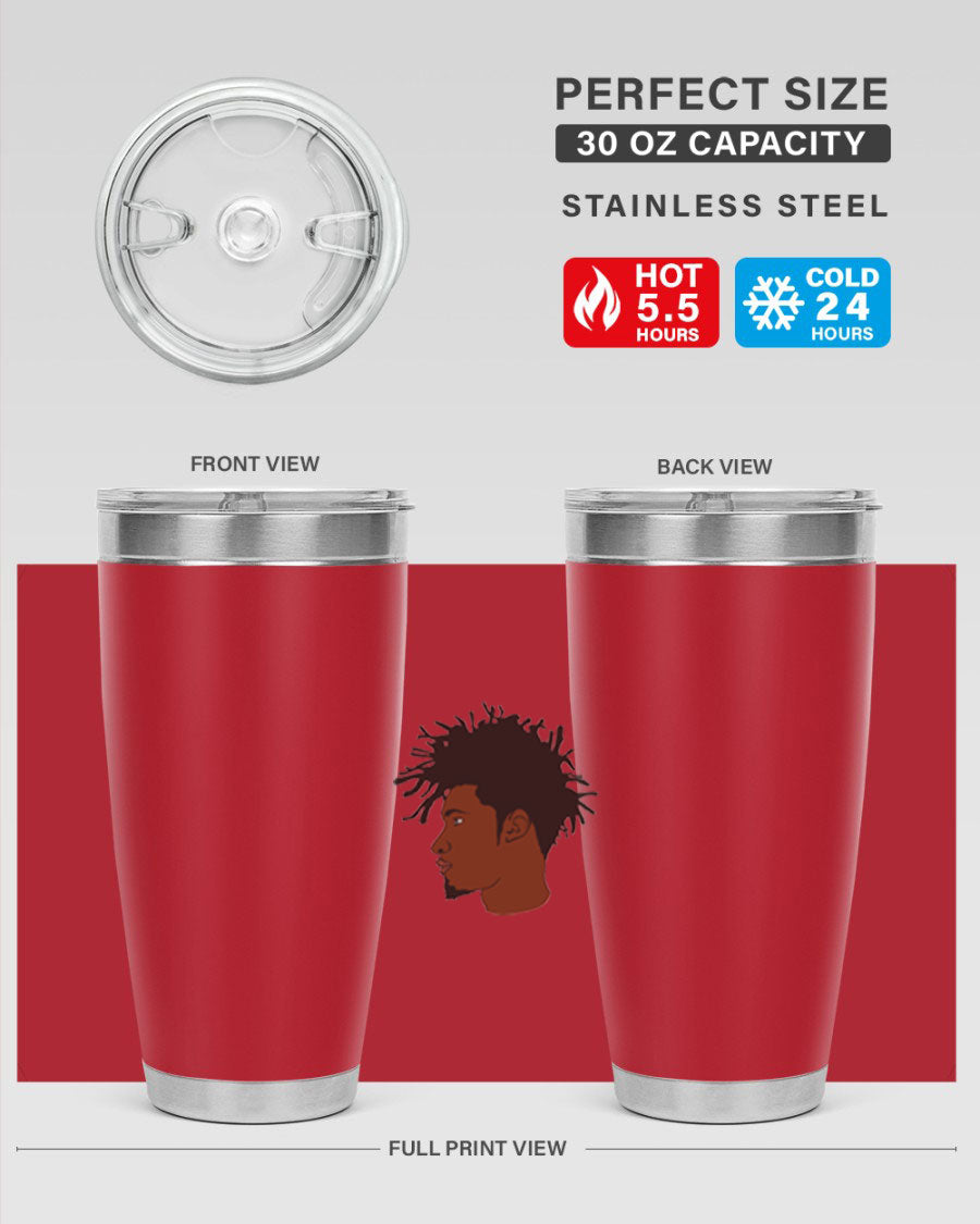 Black man 29# tumbler in 20oz and 30oz sizes, showcasing double wall vacuum stainless steel design with a drink-thru lid.