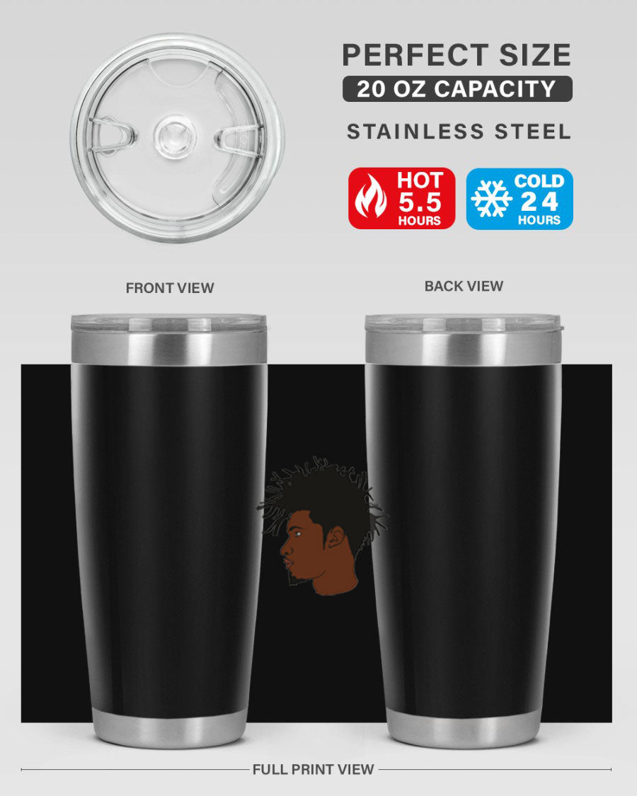 Black man 29# tumbler in 20oz and 30oz sizes, showcasing double wall vacuum stainless steel design with a drink-thru lid.