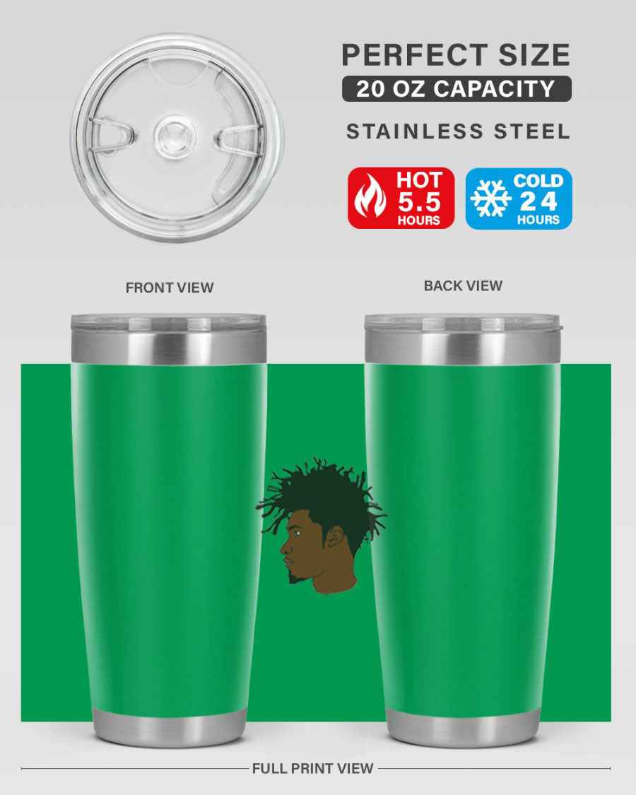 Black man 29# tumbler in 20oz and 30oz sizes, showcasing double wall vacuum stainless steel design with a drink-thru lid.