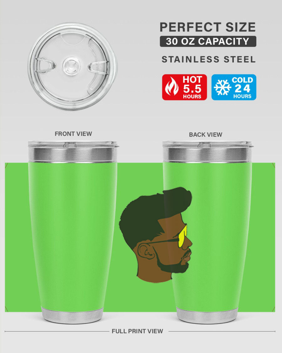 Black man 33# tumbler in 20oz and 30oz sizes, showcasing a sleek stainless steel design with a drink-thru lid.