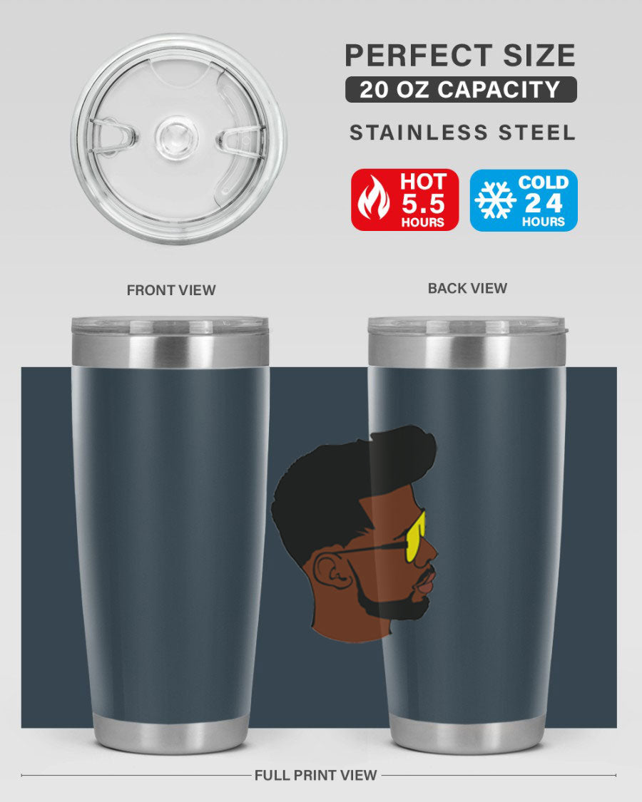 Black man 33# tumbler in 20oz and 30oz sizes, showcasing a sleek stainless steel design with a drink-thru lid.