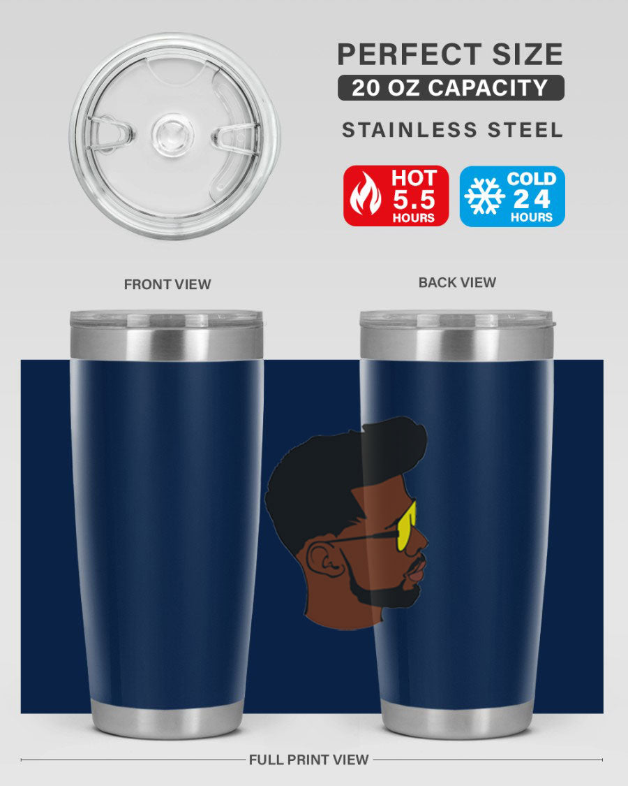 Black man 33# tumbler in 20oz and 30oz sizes, showcasing a sleek stainless steel design with a drink-thru lid.