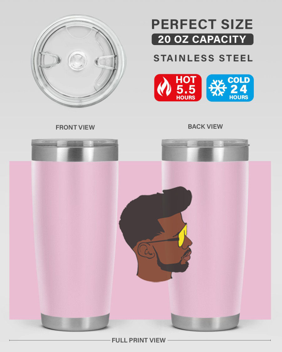 Black man 33# tumbler in 20oz and 30oz sizes, showcasing a sleek stainless steel design with a drink-thru lid.