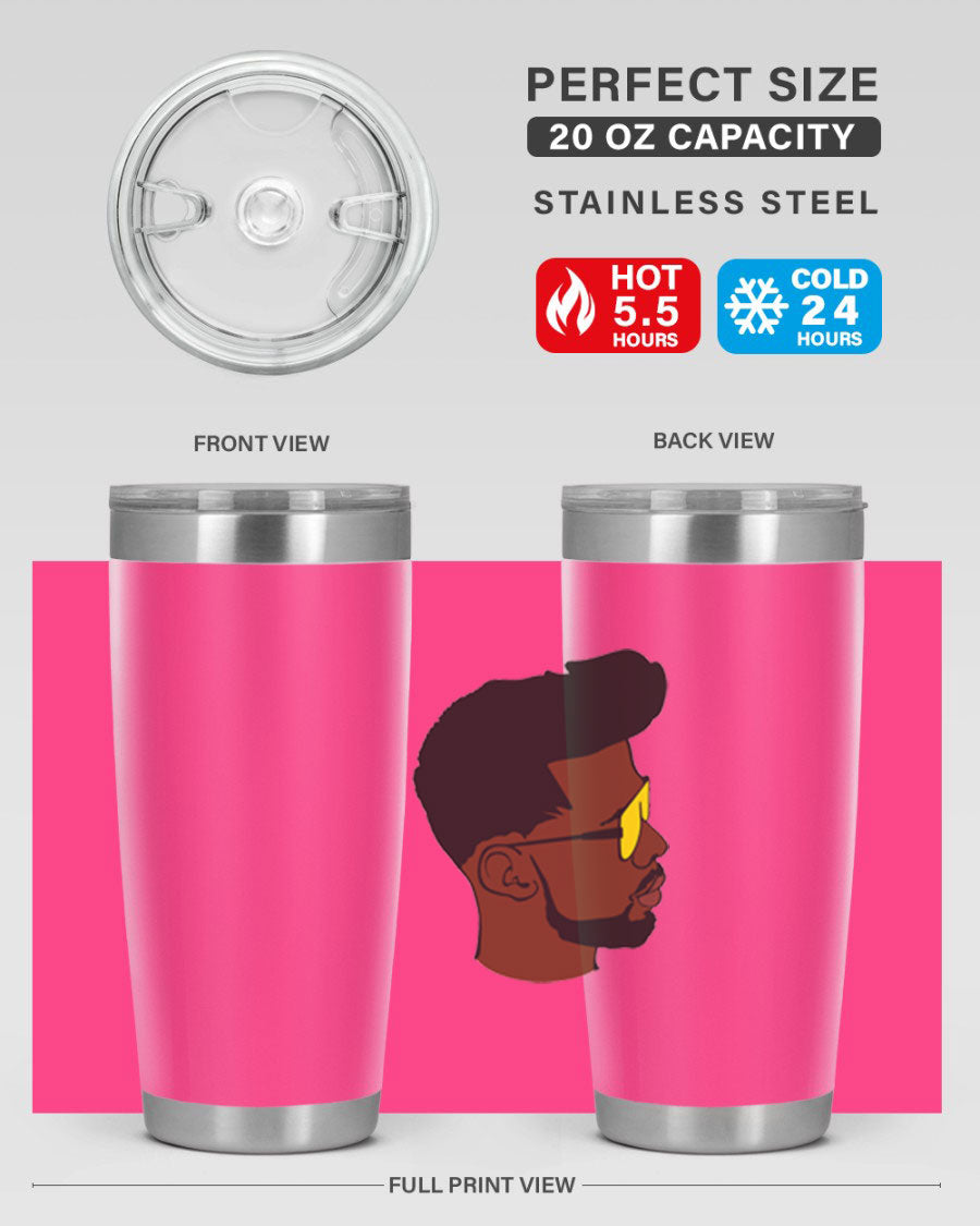 Black man 33# tumbler in 20oz and 30oz sizes, showcasing a sleek stainless steel design with a drink-thru lid.